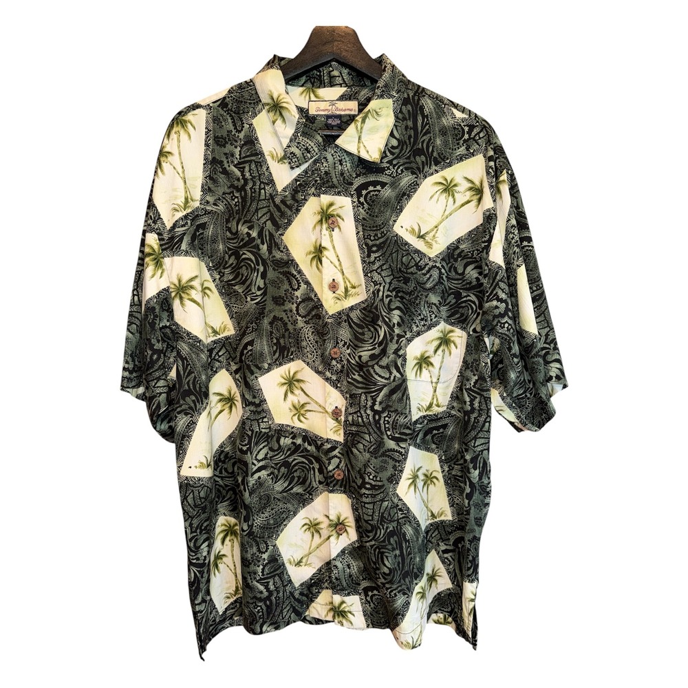 Tommy Bahama Mens L Silk Hawaiian Shirt Green Palm Tree Paisley Camp‎ Collar